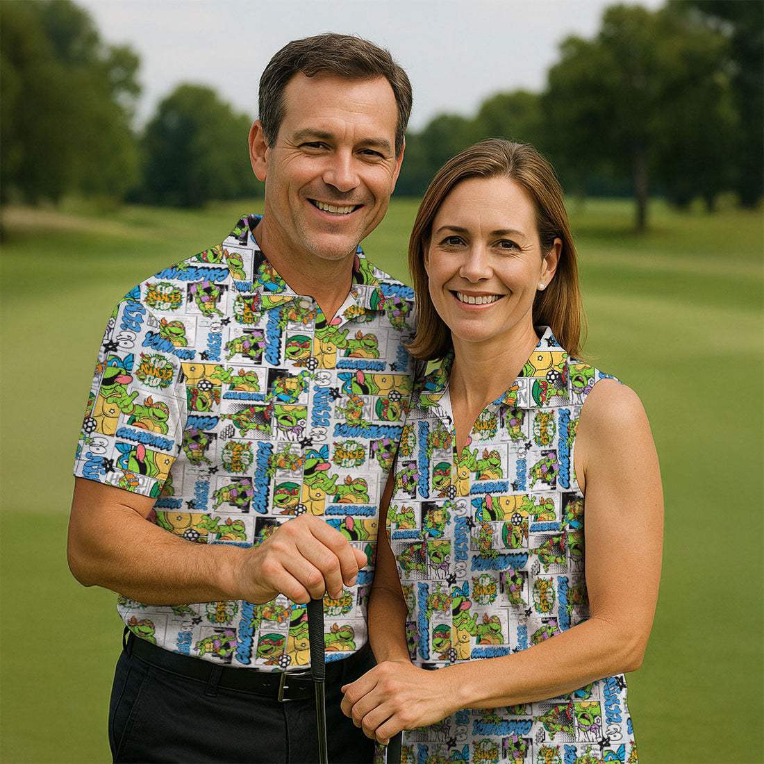 Funny Ninja Turtle Comic Hawaiian Golf Shirt, Mens Golf Polo, Golf Apparel For Men