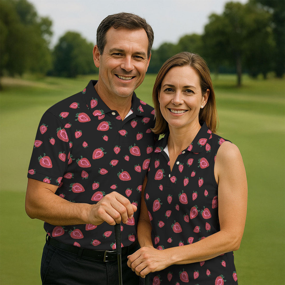 Strawberry Slice Black Golf Shirt, Men's Golf Shirt, Hawaiian Golf Shirt, Golf Shirts For Men