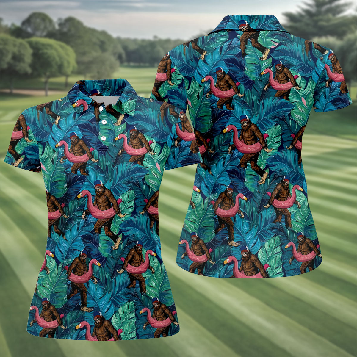 Bigfoot Flamingo Float Tropical Golf Polo Shirt, Golf Shirts For Women, Ladies Golf Tops