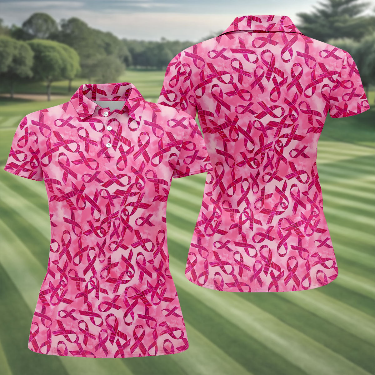 Pink Ribbon Breast Cancer Pattern Polo Shirt, Ladies Golf Shirt, Golf Tops For Women