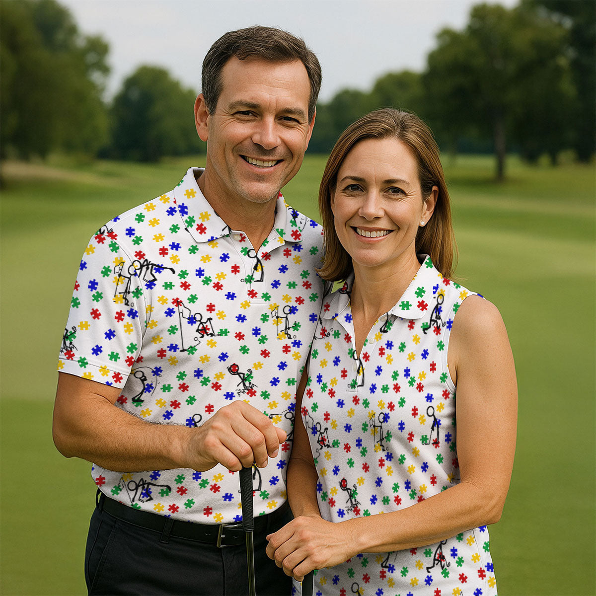 Funny Stick Figure Autism Puzzle Polo Shirts For Men, Autism Awareness Golf Shirt, Golfing Apparel