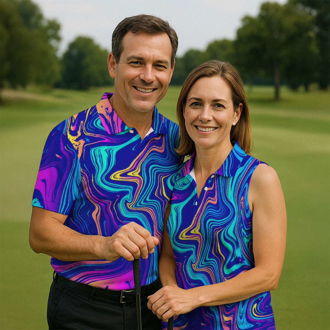 Vibrant Abstract Liquid Pattern Golf Shirt, Mens Polo Shirt, Performance Golf Shirt, Hawaiian Golf Shirt