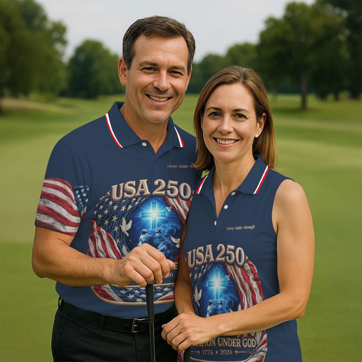 One Nation Under God Faith Cross USA 250 Navy Golf Shirt, 4th Of July Golf Shirts For Men