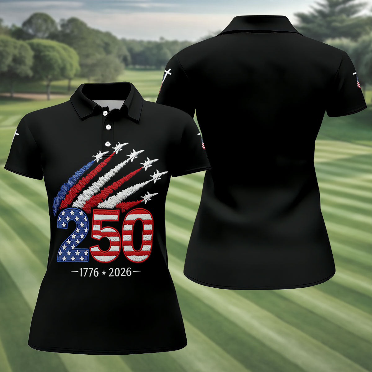 Flying Fighter Jets Faith Cross Patriotic 4th Of July Black Golf Shirt, 250 Years Golf Shirt For Women
