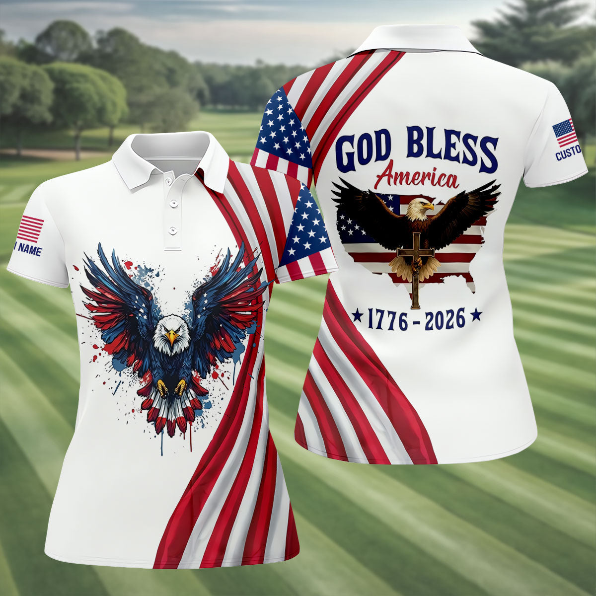 God Bless America 250 Years US Flag Golf Shirt, Patriotic 4th Of July Golf Shirt For Women