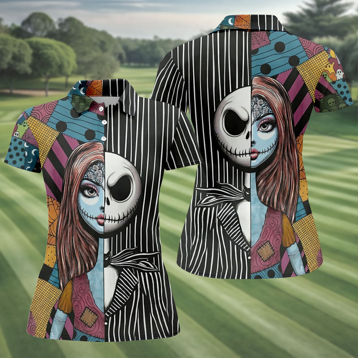 Half Sally And Jack Horror Character Golf Polo Shirt, Women's Golf Polo, Ladies Golf Shirts
