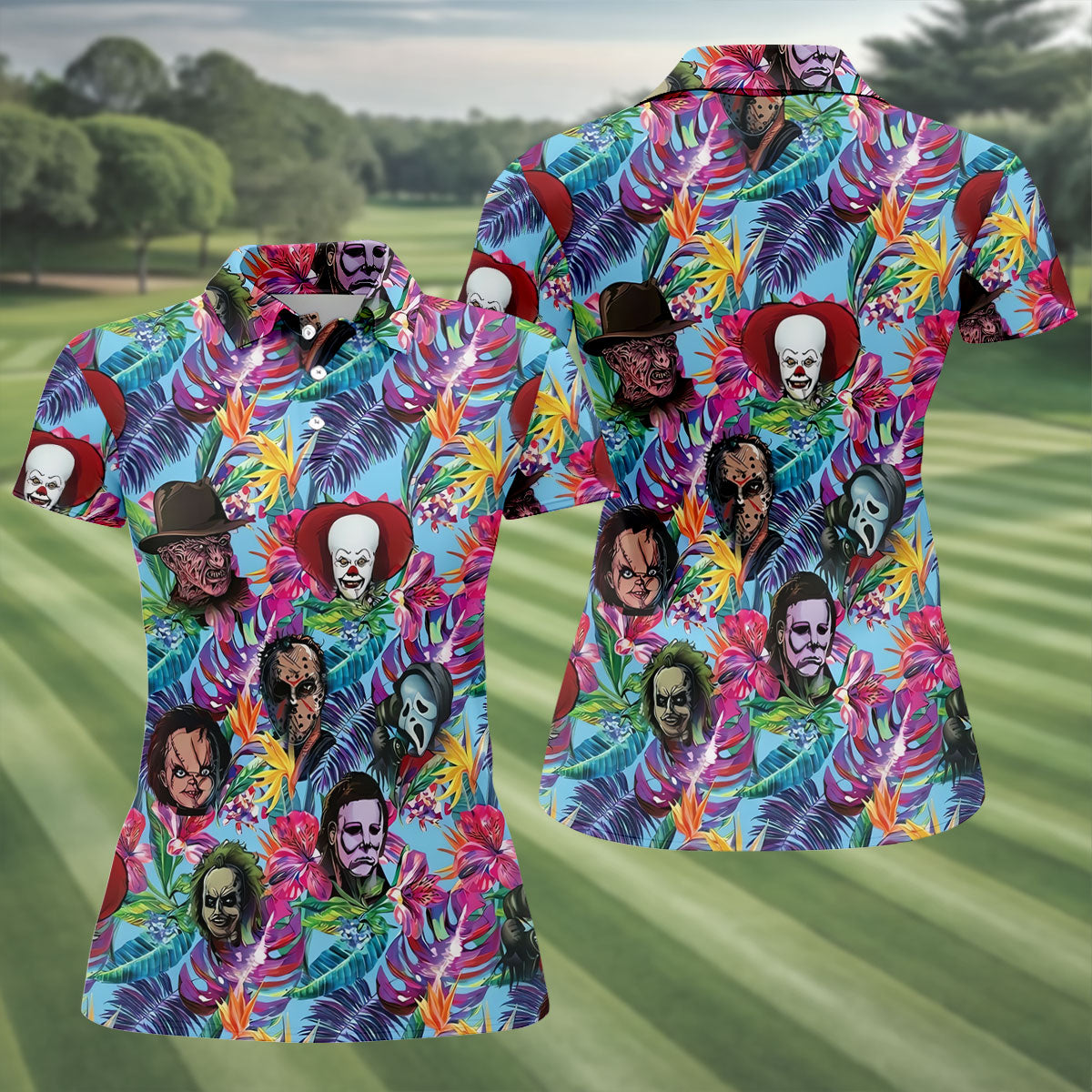 Tropical Horror Character Halloween Golf Shirt, Golf Tops For Women, Ladies Golf Top