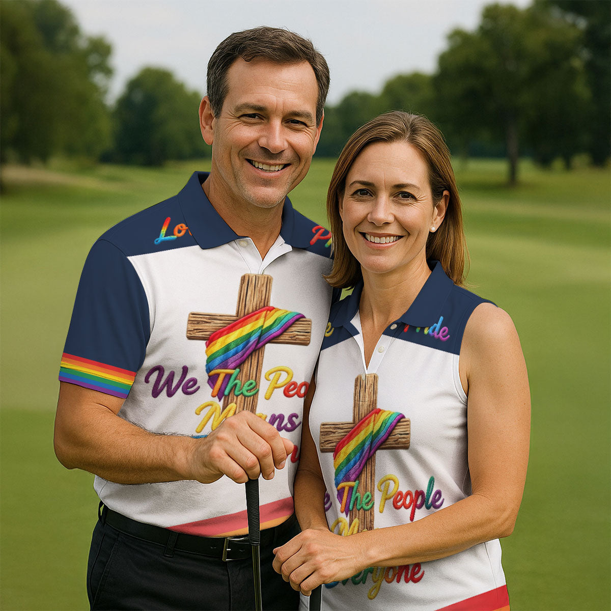 We The People Means Everyone Faith Cross LGBT Support Golf Tops For Men, Golf Shirts For Men