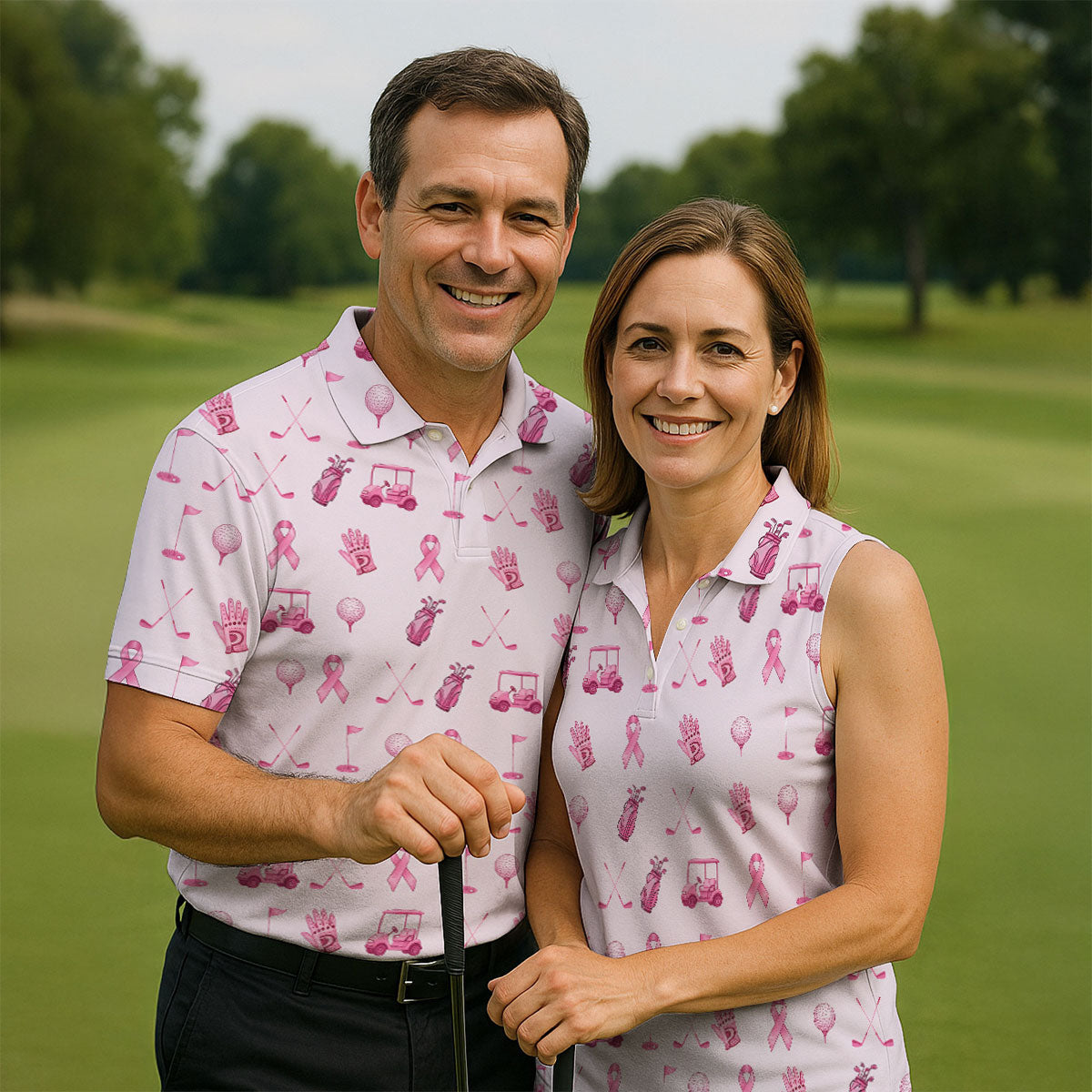 Funny Pink Ribbon Golf Pattern Men's Polo Shirt, Breast Cancer Golf Shirt, Breast Cancer Awareness Shirt