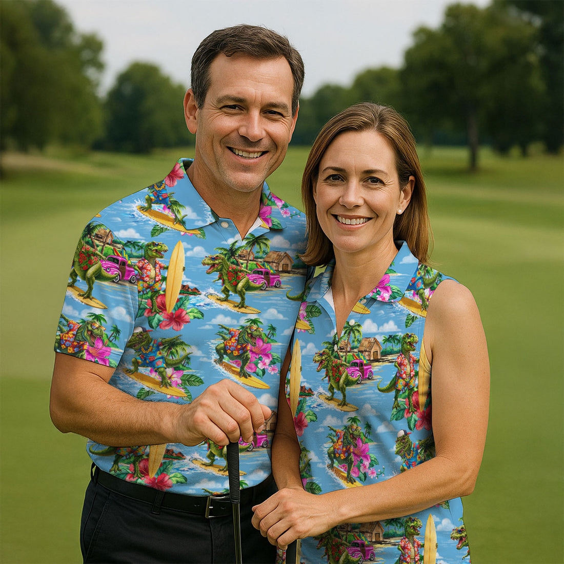 Hawaiian T Rex Surfboard Beach Hawaiian Golf Shirt, Mens Golf Polo, Printed Golf Shirts