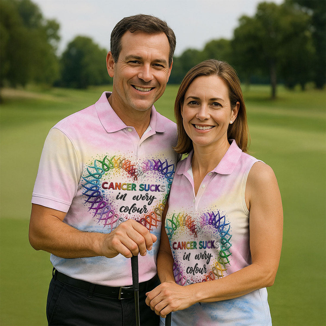 Cancer Sucks In Every Colour Ribbon Heart Polo Shirt, Mens Golf Polo, Mens Polo Shirts