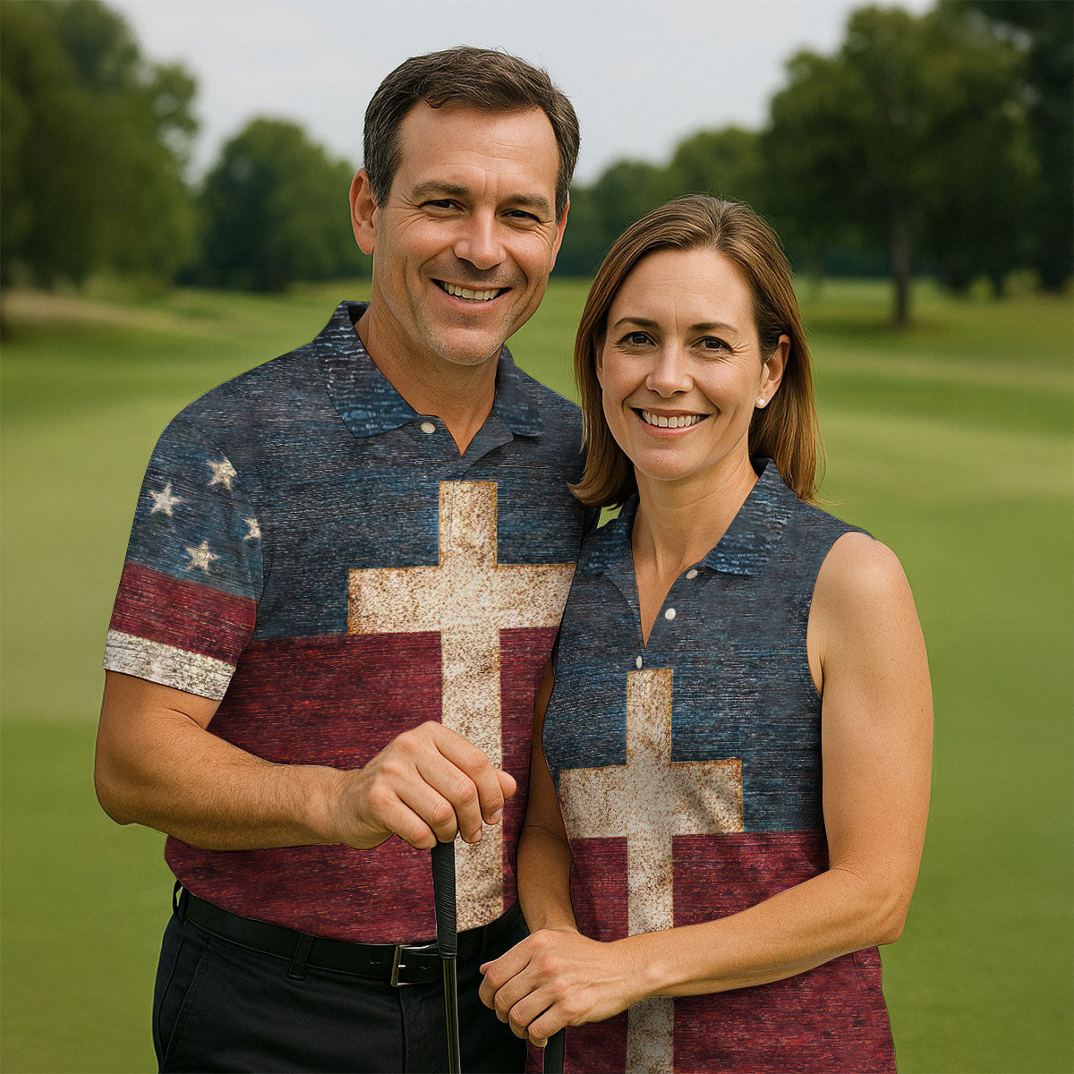 American Flag USA Faith Christian Cross Golf Shirt, Patriotic 4th Of July Golf Shirts For Men
