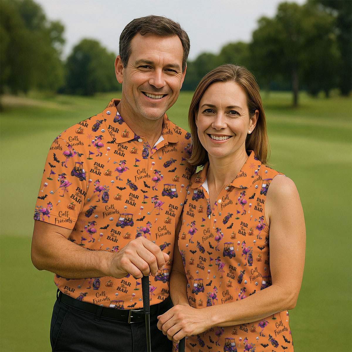 Orange Par Then Bar Flamingo Halloween Shirt, Golf Shirts For Women, Ladies Golf Tops