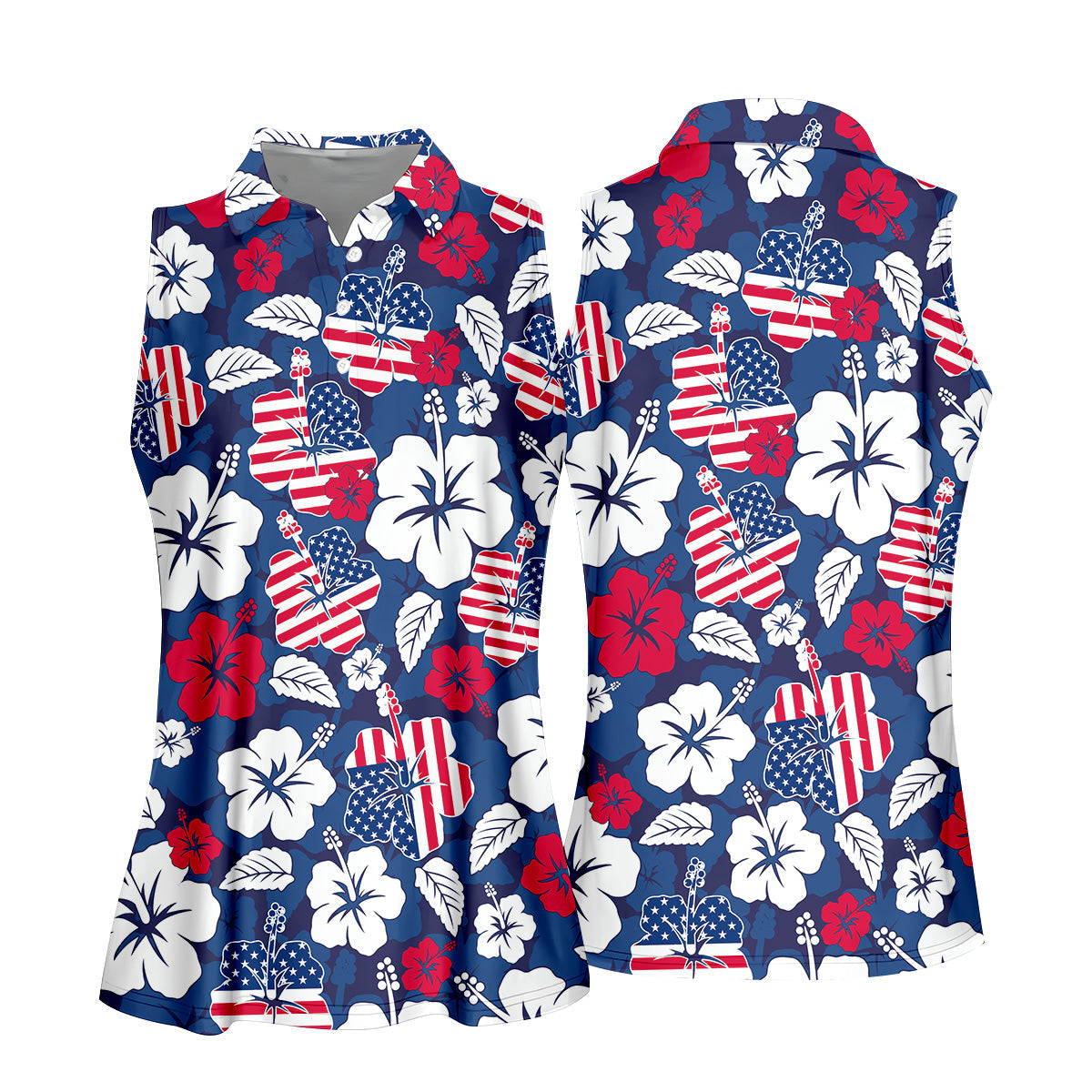 Tropical Hibiscus American Flag Womens Golf Polo Shirt, 4th Of July Shirts, US 250 Anniversary Ladies Golf Shirt
