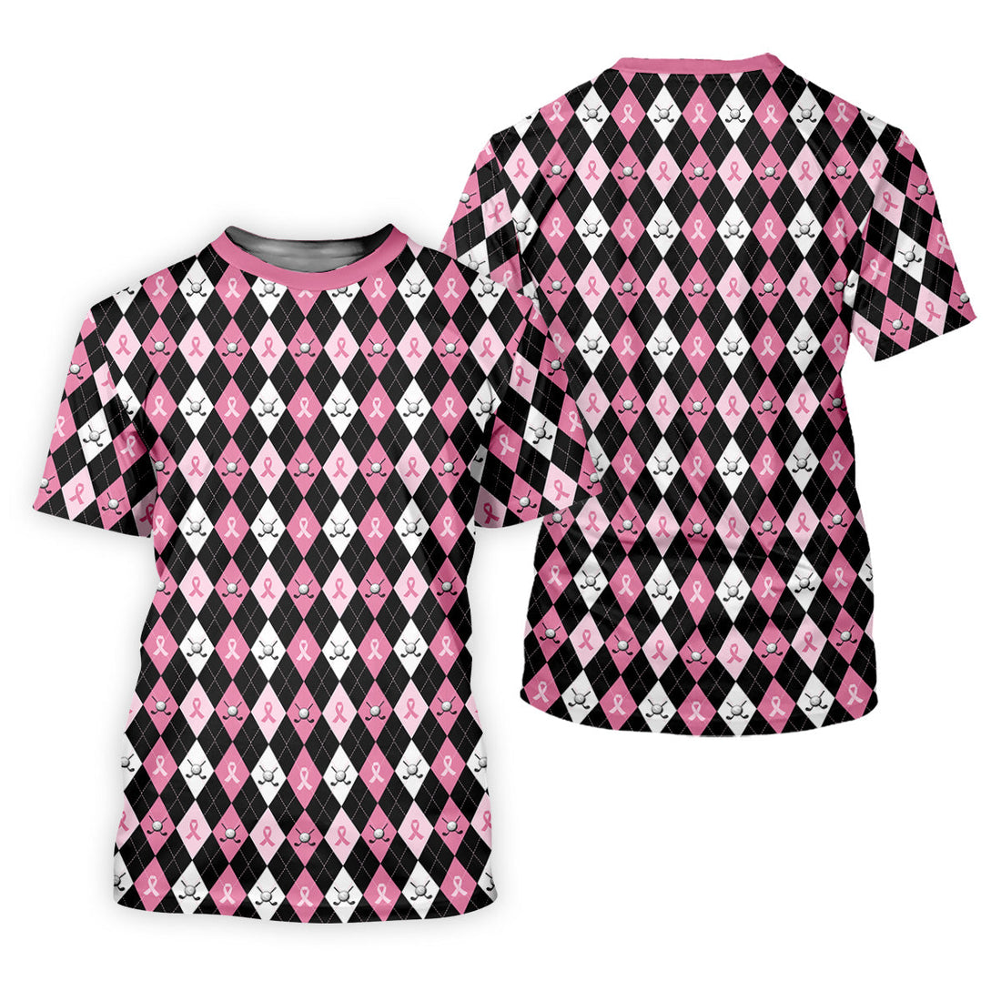 Black Pink Argyle Men's Golf Polo Shirt, Breast Cancer Golf Shirt, Golf Gift For Men, Matching Golf Shirts