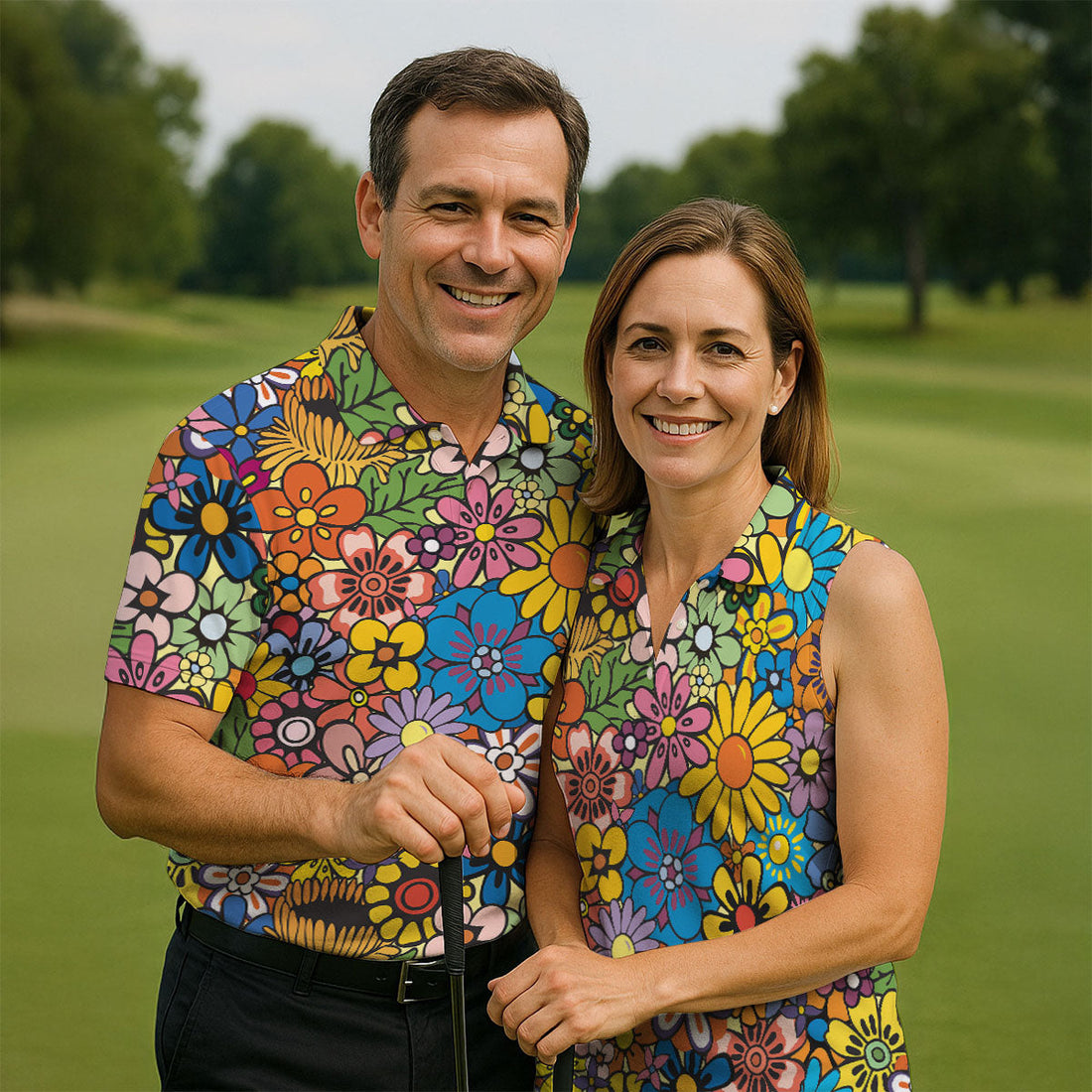 Multicolor Retro Flower Power Golf Shirt, Mens Golf Polo, Hawaiian Golf Shirt, Golf Apparel For Men