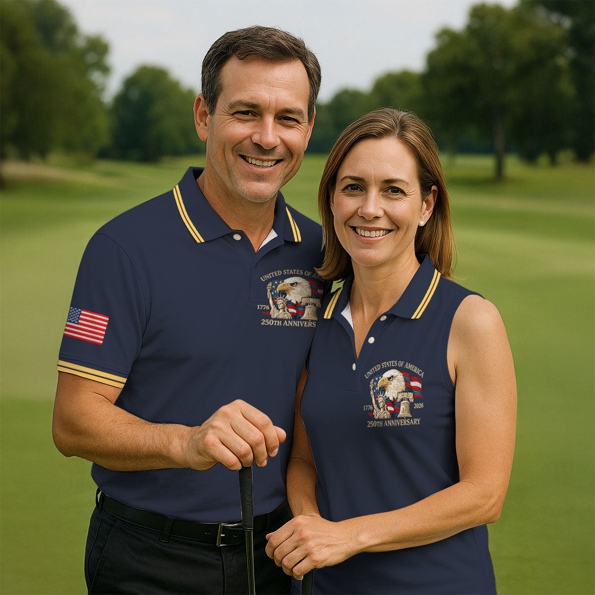 Bald Eagle American Flag 250 Years Navy Golf Shirt, Patriotic 4th Of July Golf Shirts For Men