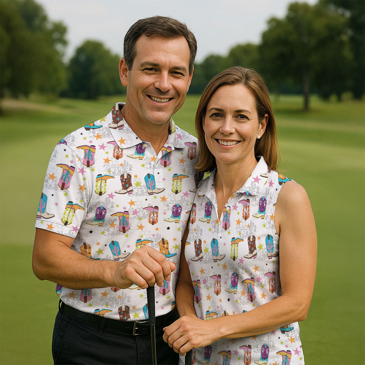 Colorful Western Cowboy Boots Pattern Hawaiian Golf Shirt, Ladies Golf Shirt, Women’s Golf Apparel