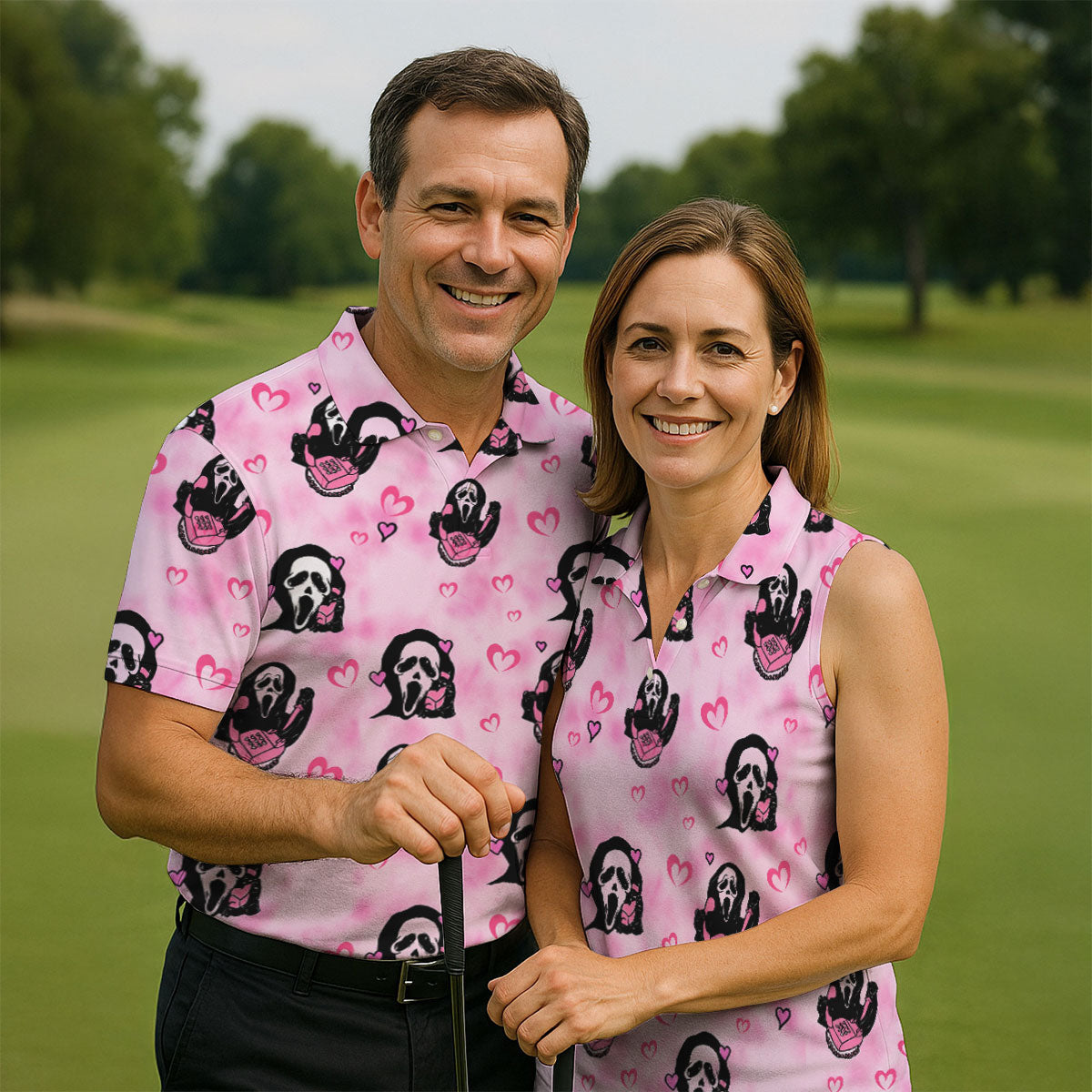 Pink Cute Ghost Caller Heart Pattern Halloween Golf Polo Shirt, Golf Apparel For Men