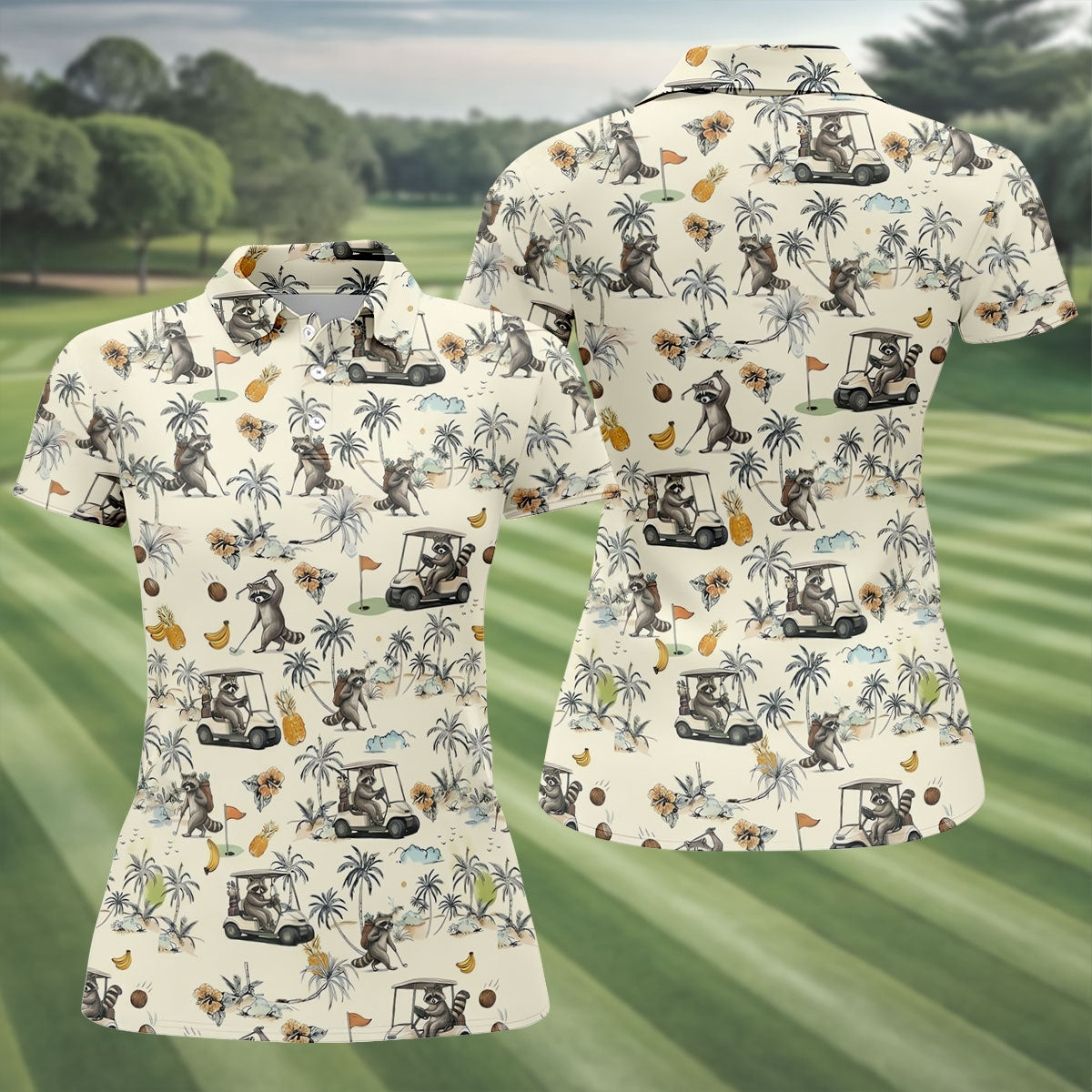 Funny Raccoon Golf Cart Tropical Pattern Polo Shirt, Womens Golf Polo, Ladies Golf Top