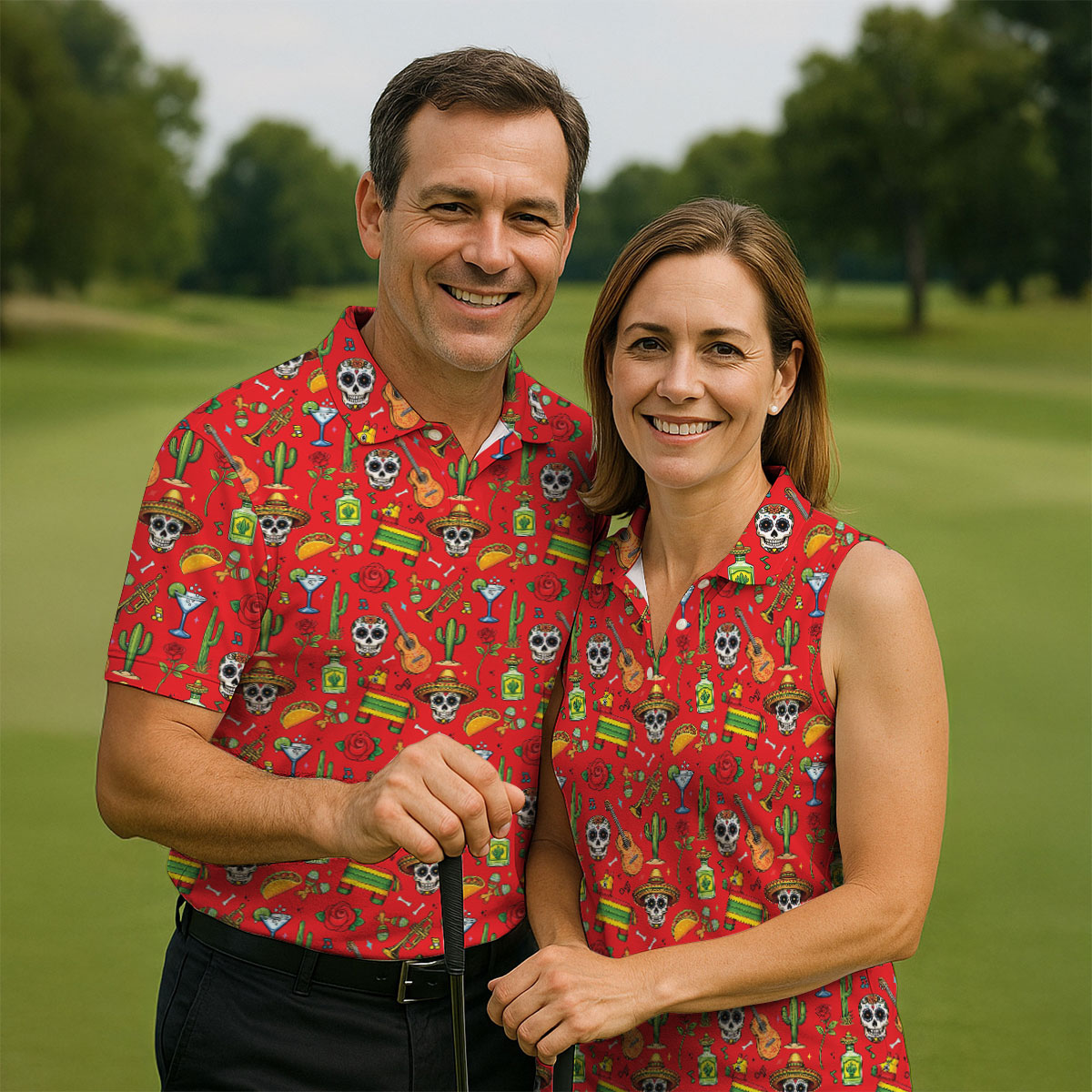 Decorated Skulls Party Items Cinco De Mayo Celebration Fiesta Themed Red Golf Shirt For Women