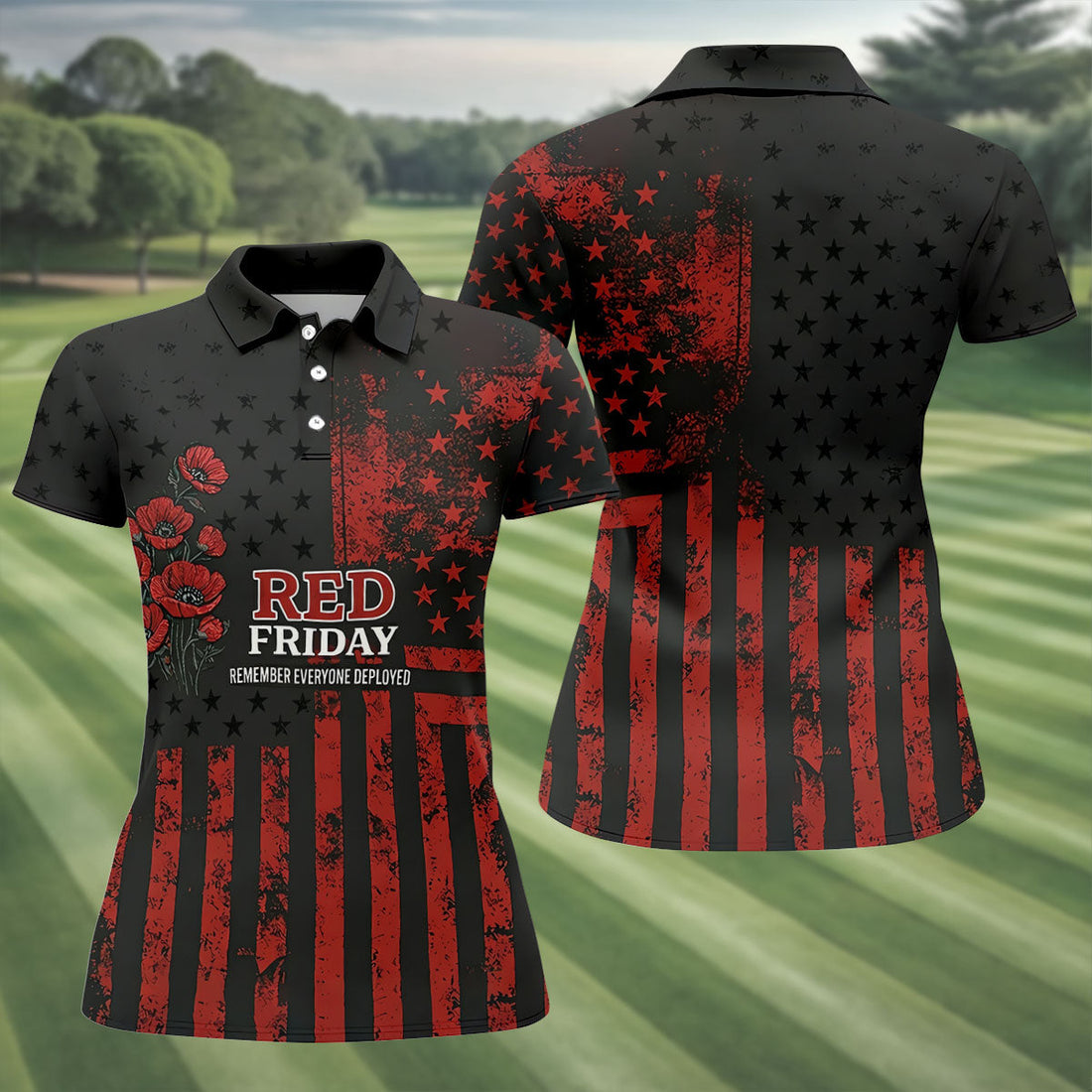 Red Friday American Flag Poppy Polo Shirt, Women’s Golf Apparel, Printed Golf Shirt