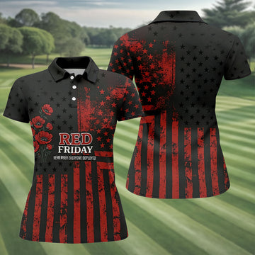 Red Friday American Flag Poppy Polo Shirt, Women’s Golf Apparel, Printed Golf Shirt