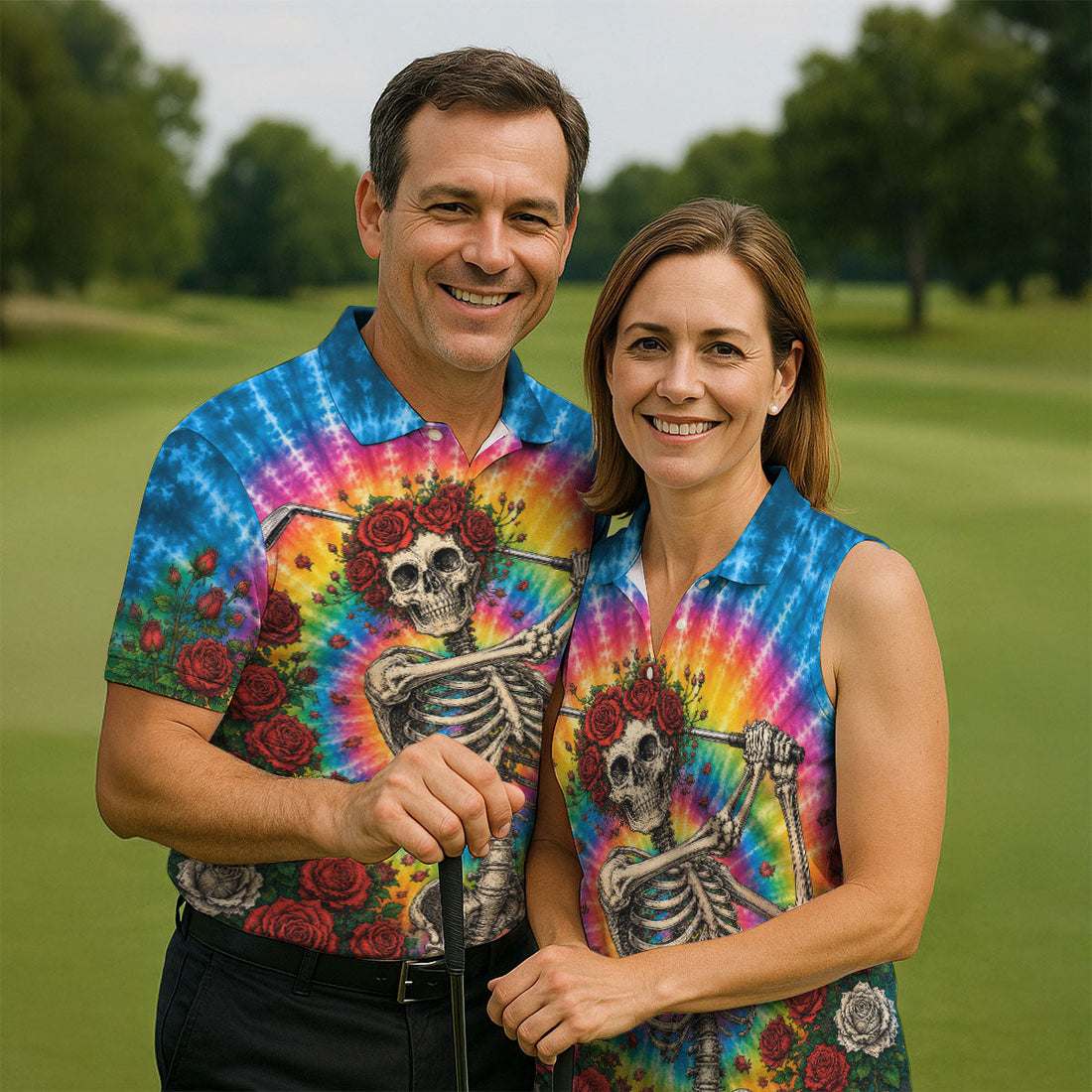 Rose Tie Dye Skeleton Golfer Halloween Polo Shirt, Mens Golf Shirts, Printed Golf Shirts