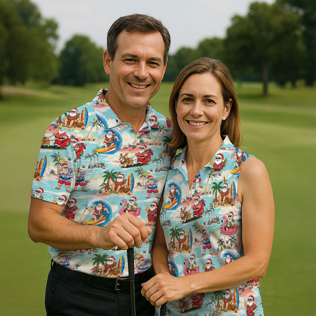 Funny Tropical Santa Beach Christmas Polo Shirt, Mens Golf Polo, Hawaiian Golf Shirt