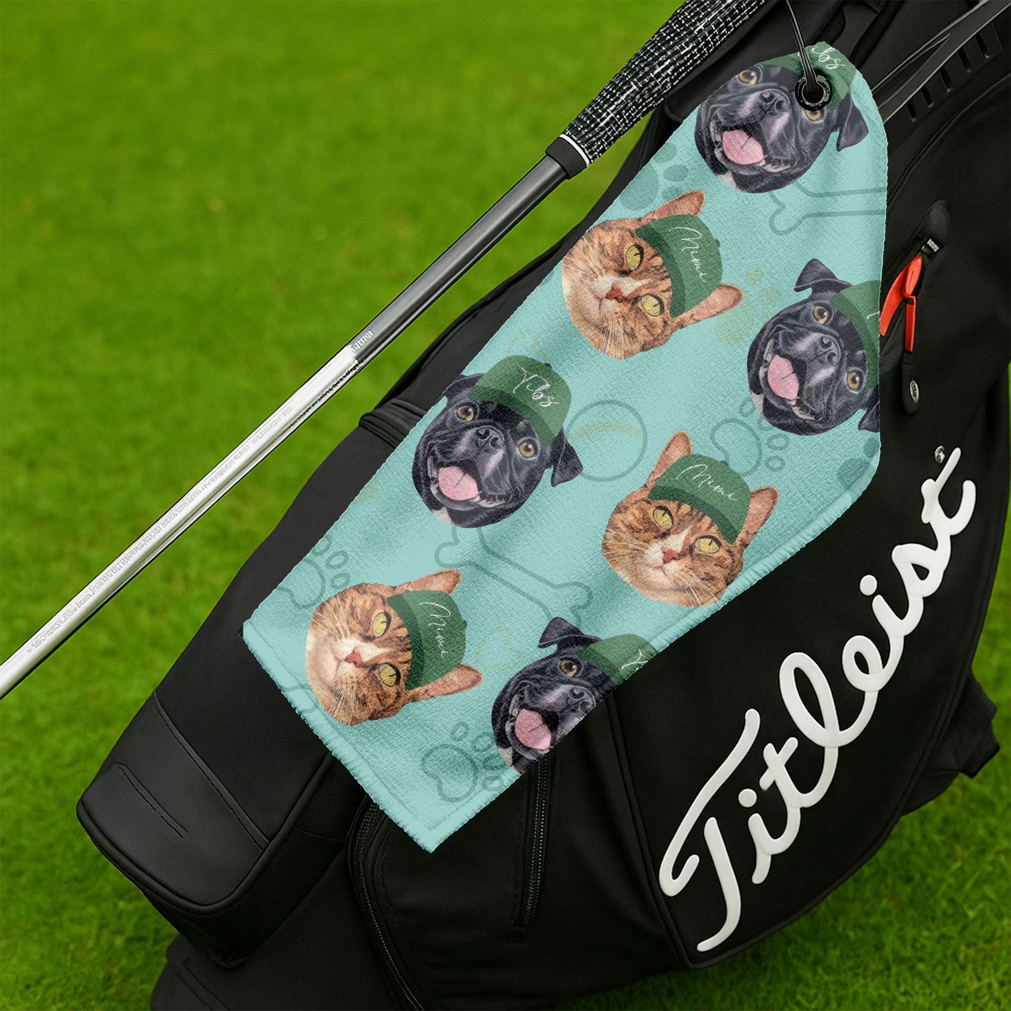 Pet Dog and Cat Face Golf Towel with Green Caps, Funny Golf Towel, Golf Accessories Gift