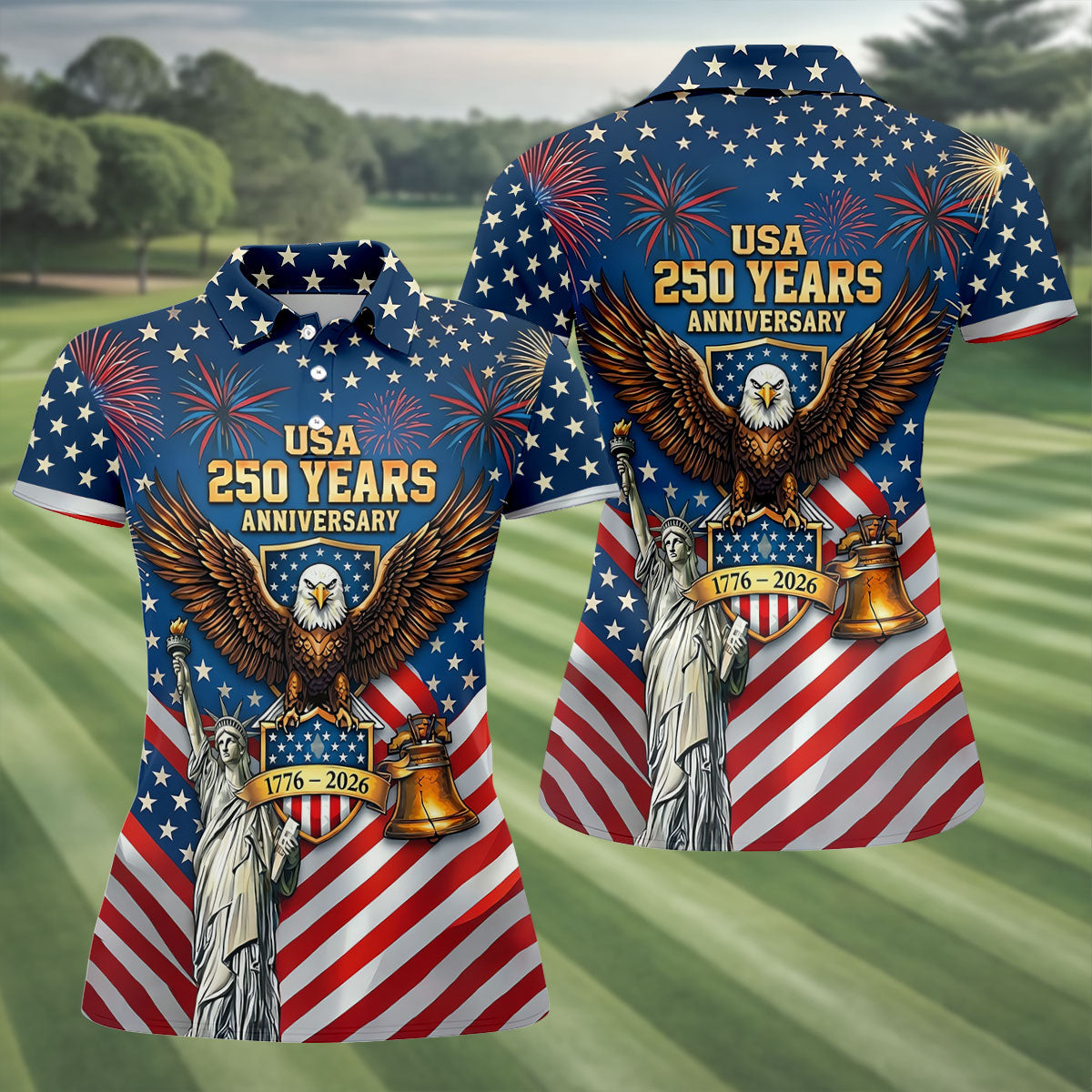 USA 250 Years Stars And Stripes Bald Eagle Golf Shirt, Patriotic 4th Of July Golf Shirt For Women