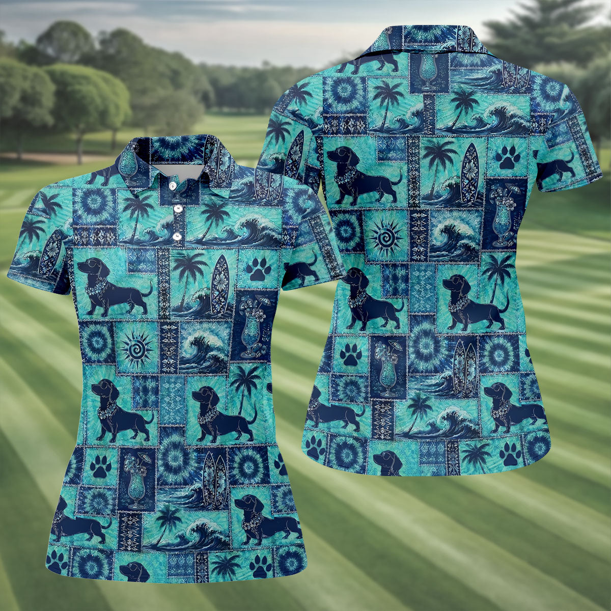 Funny Tropical Dog Surf Patchwork Golf Polo Shirt, Womens Golf Tops, Ladies Golf Top