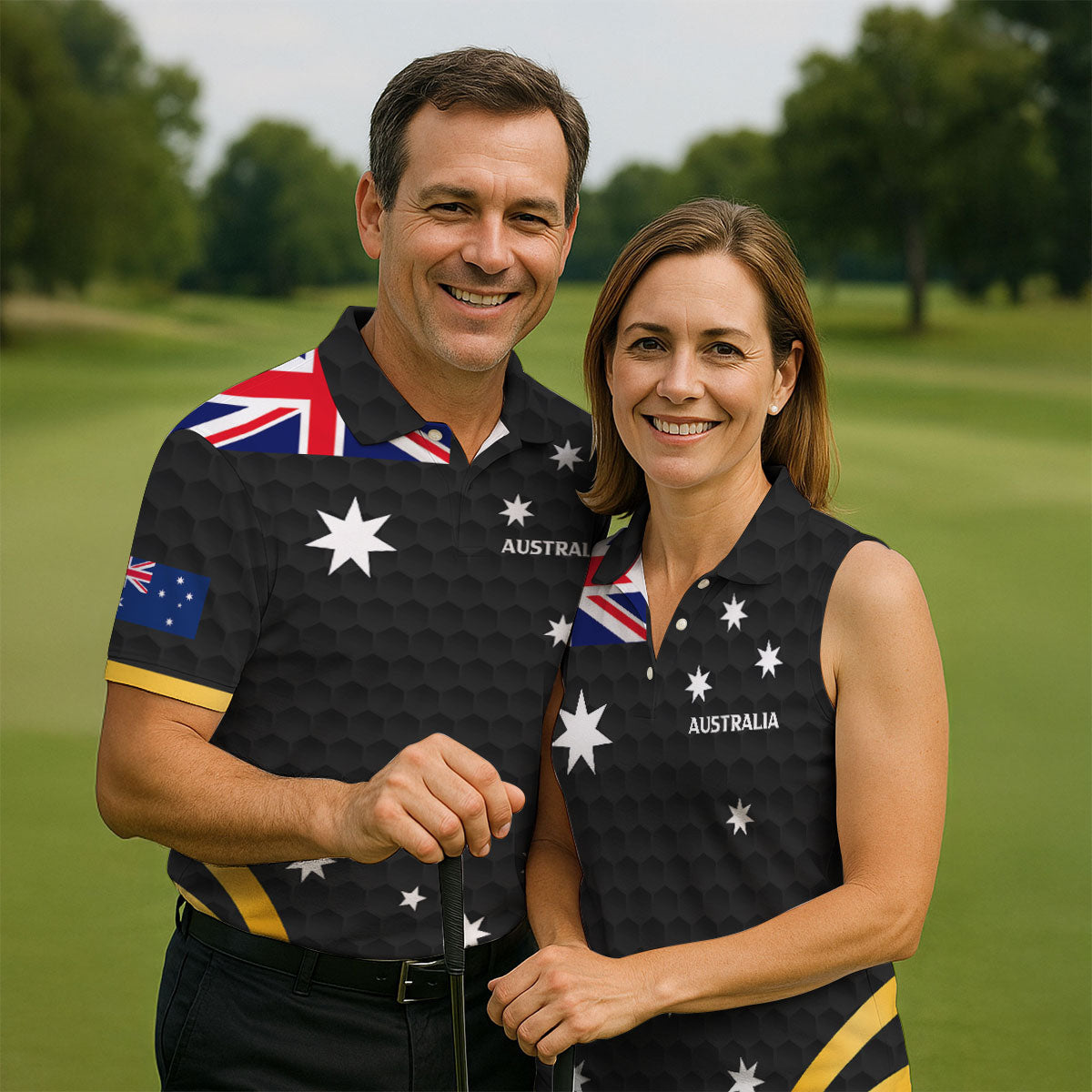 Australia Flag Print Golf Ball Pattern Black Golf Shirt, Australian Symbol Polo Shirts For Men