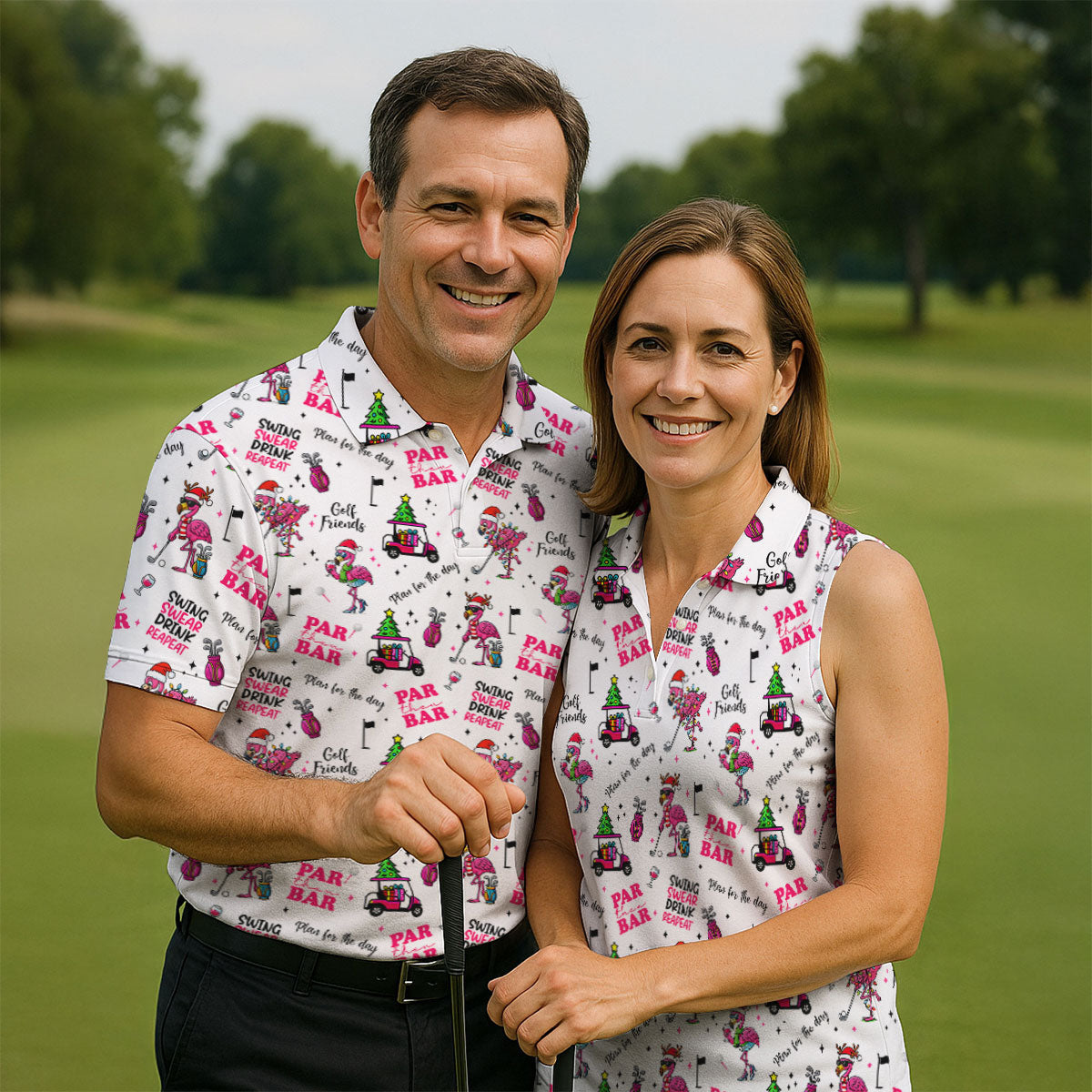 Christmas Flamingo Par Then Bar Men's Funny Golf Shirts, Christmas Golf Shirt, Polo Shirts For Men, Golf Gift For Men