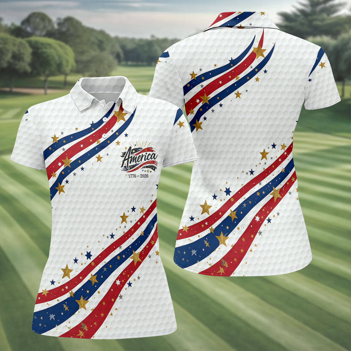 Red White Blue Wavy Stripes Golf Ball Pattern Patriotic Golf Shirt, 250th Anniversary Golf Shirt For Women