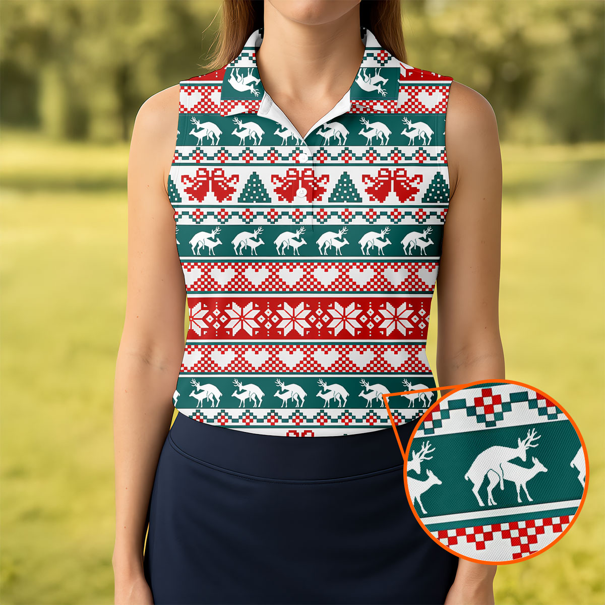 Christmas Reindeer Bells Snowflake Golf Polo Shirt, Women’s Golf Apparel, Ladies Golf Top