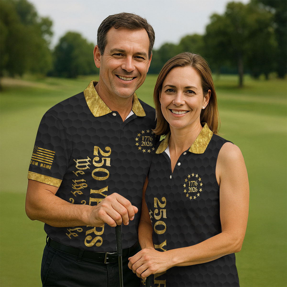 We The People 250 Years Gold Textured Patriotic Golf Shirt, 4th Of July Golf Shirt For Women
