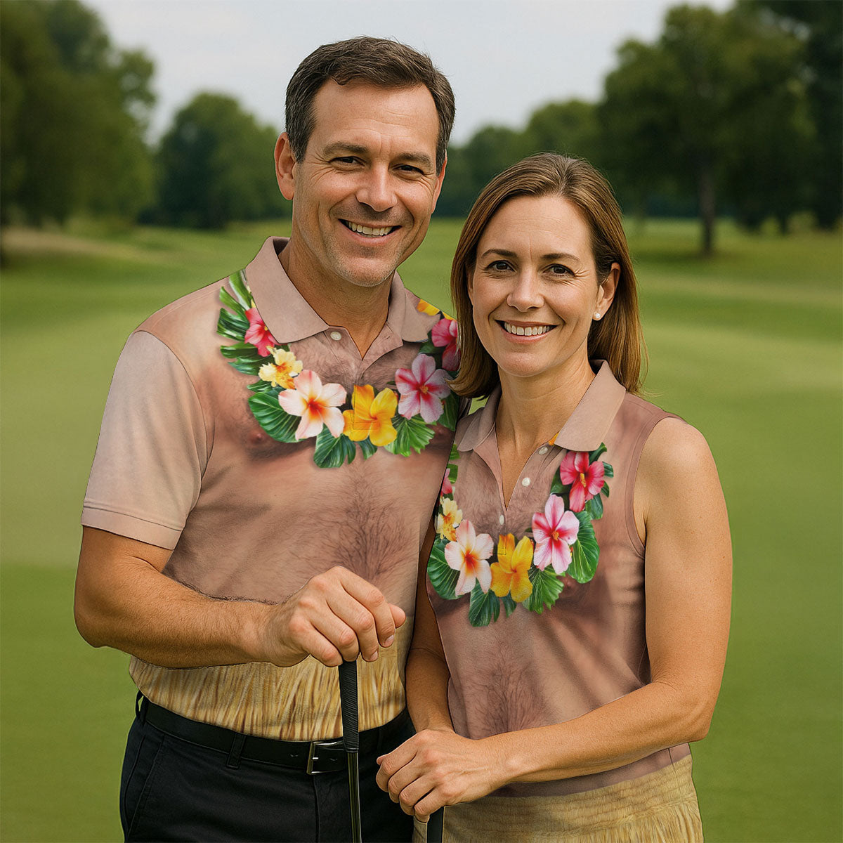 Floral Lei Tropical Theme Party Men's Funny Golf Shirts, Hawaiian Golf Shirt, Polo Shirts For Men