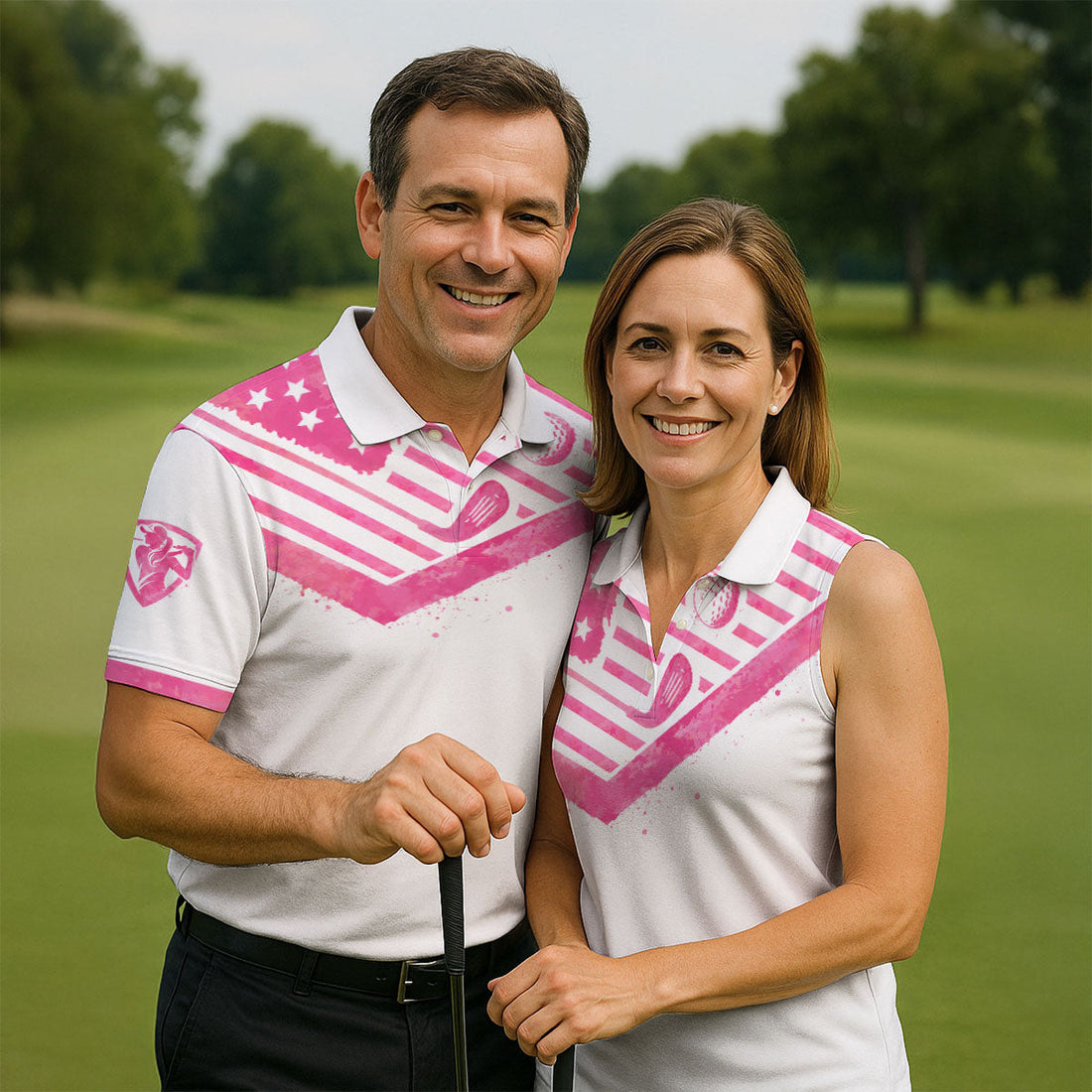 Swing For A Cure Pink Flag Breast Cancer Polo Shirt, Men's Golf Shirt, Printed Golf Shirts