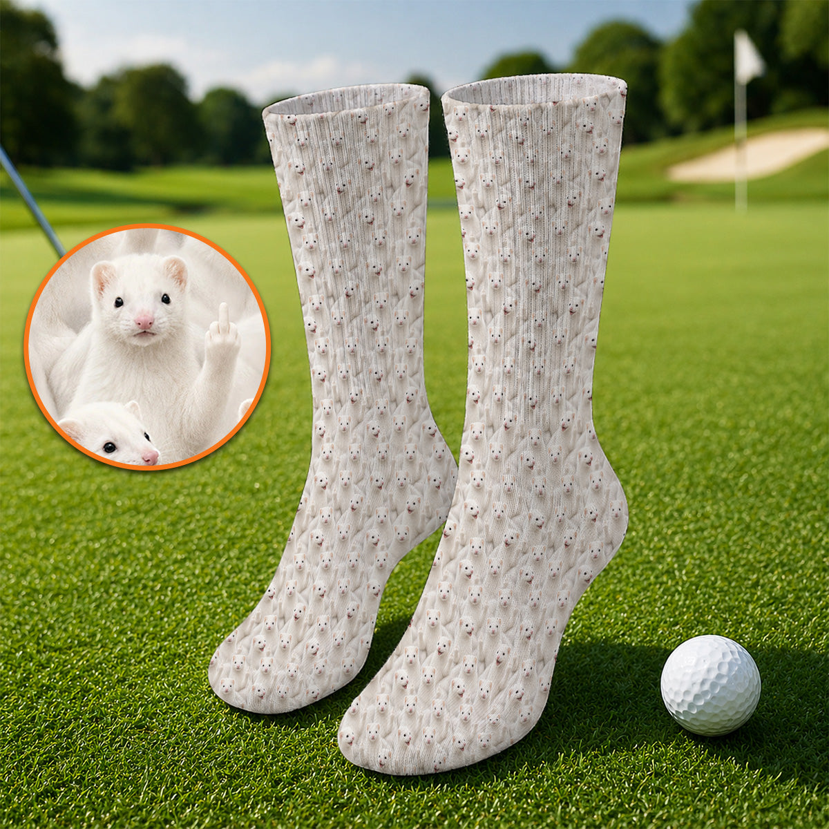 White Ferret Pattern Golf Socks, Funny Ferret Golf Sock, Golf Gift For Golfer