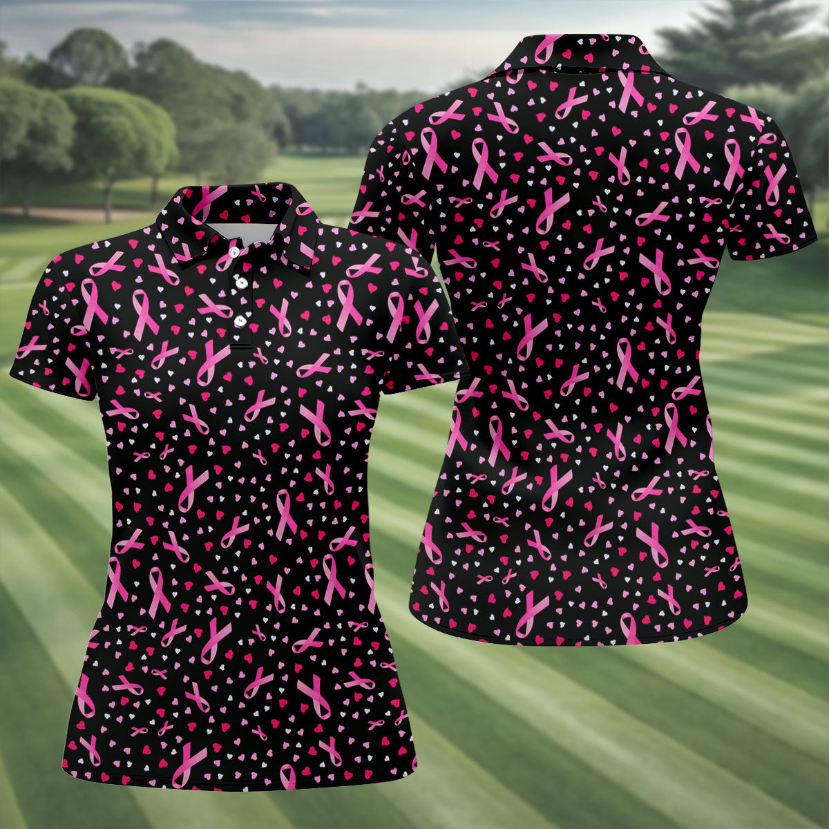 Black Pink Ribbon Heart Breast Cancer Polo Shirt, Ladies Golf Shirt, Women's Golf Tops