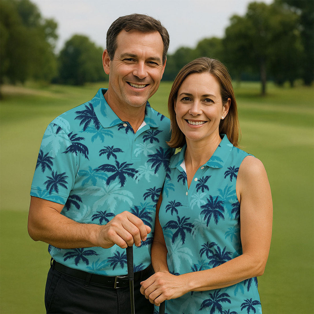 Turquoise Palm Tree Tropical Golf Shirt, Men's Polo Shirt, Hawaiian Golf Shirt, Performance Golf Shirt