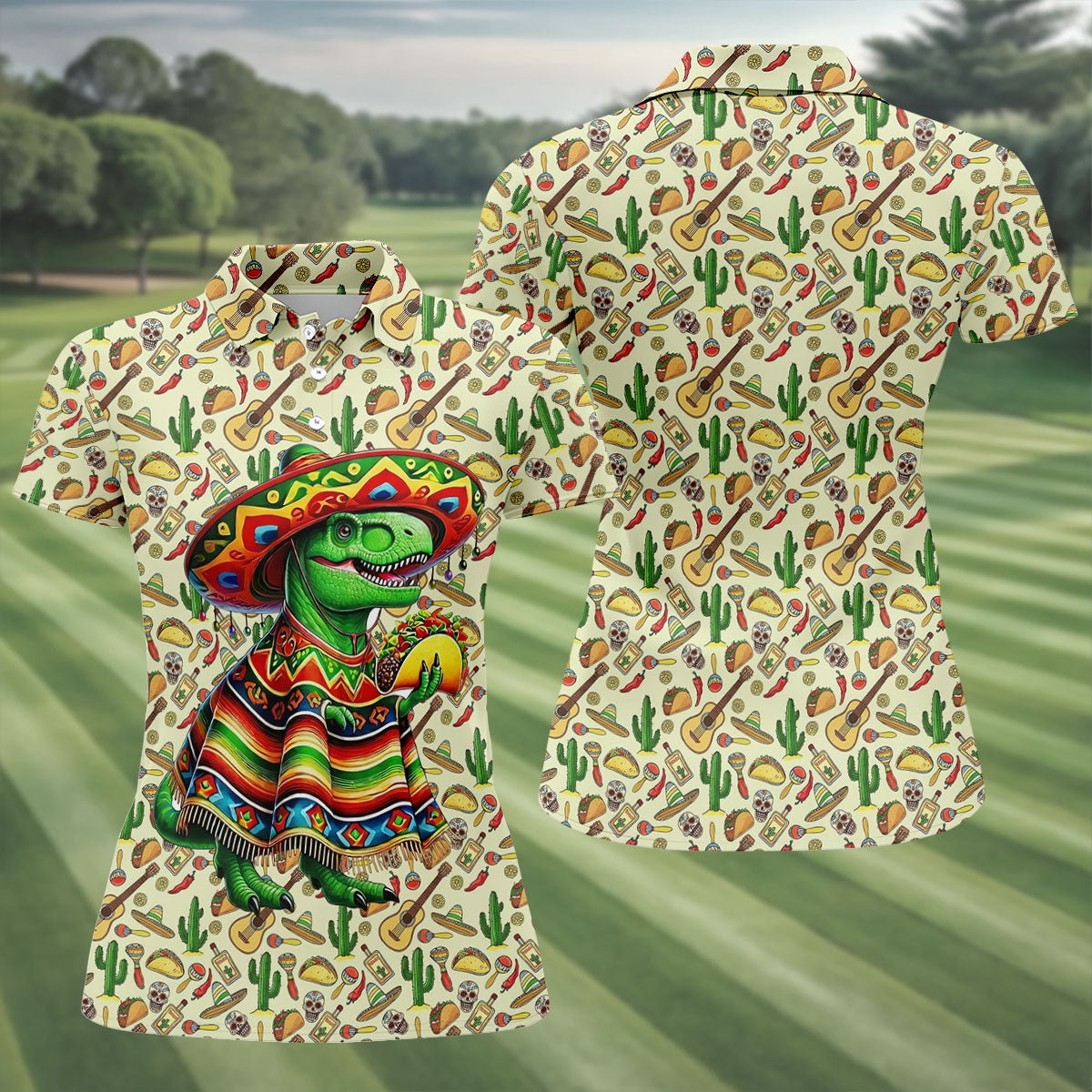 Dinosaur Taco Fiesta Time Ladies Golf Tops, Cinco De Mayo Celebration Golf Shirt For Women