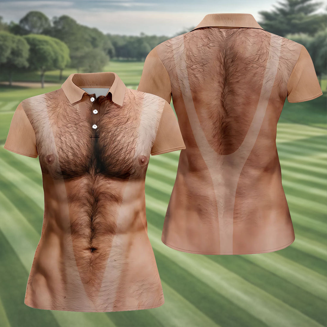 Funny Hairy Man Body Illusion Golf Shirt, Women's Golf Shirt, Hawaiian Golf Shirt, Golf Polo For Women