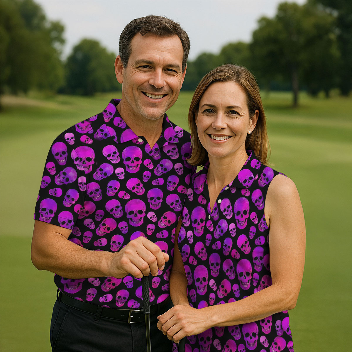 Purple Skull Gothic Pattern Hawaiian Golf Shirt, Mens Golf Polo, Printed Golf Shirts