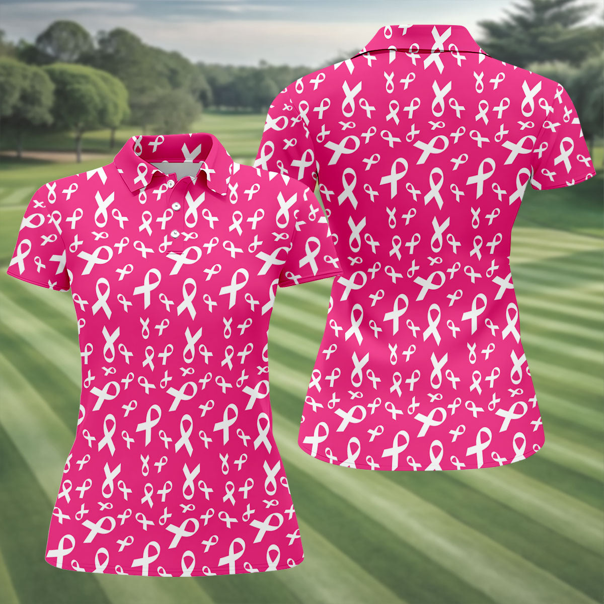 Hot Pink Breast Cancer Awareness Ribbon Polo Shirt, Ladies Golf Tops, Women’s Golf Polo