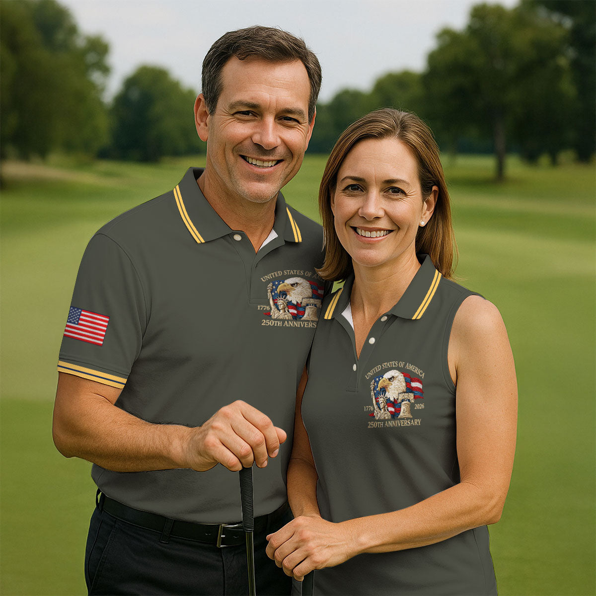 Bald Eagle American Flag 250 Years Green Golf Shirt, Patriotic 4th Of July Golf Shirts For Men