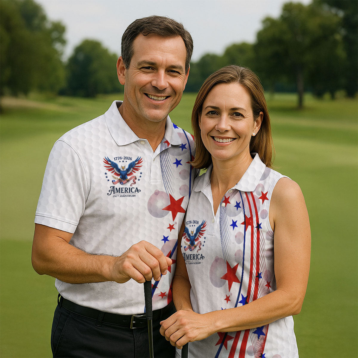 Red White Blue Wavy Stripes Bald Eagle Logo Patriotic 4th Of July Golf Shirt, 250 Years Golf Shirts For Men