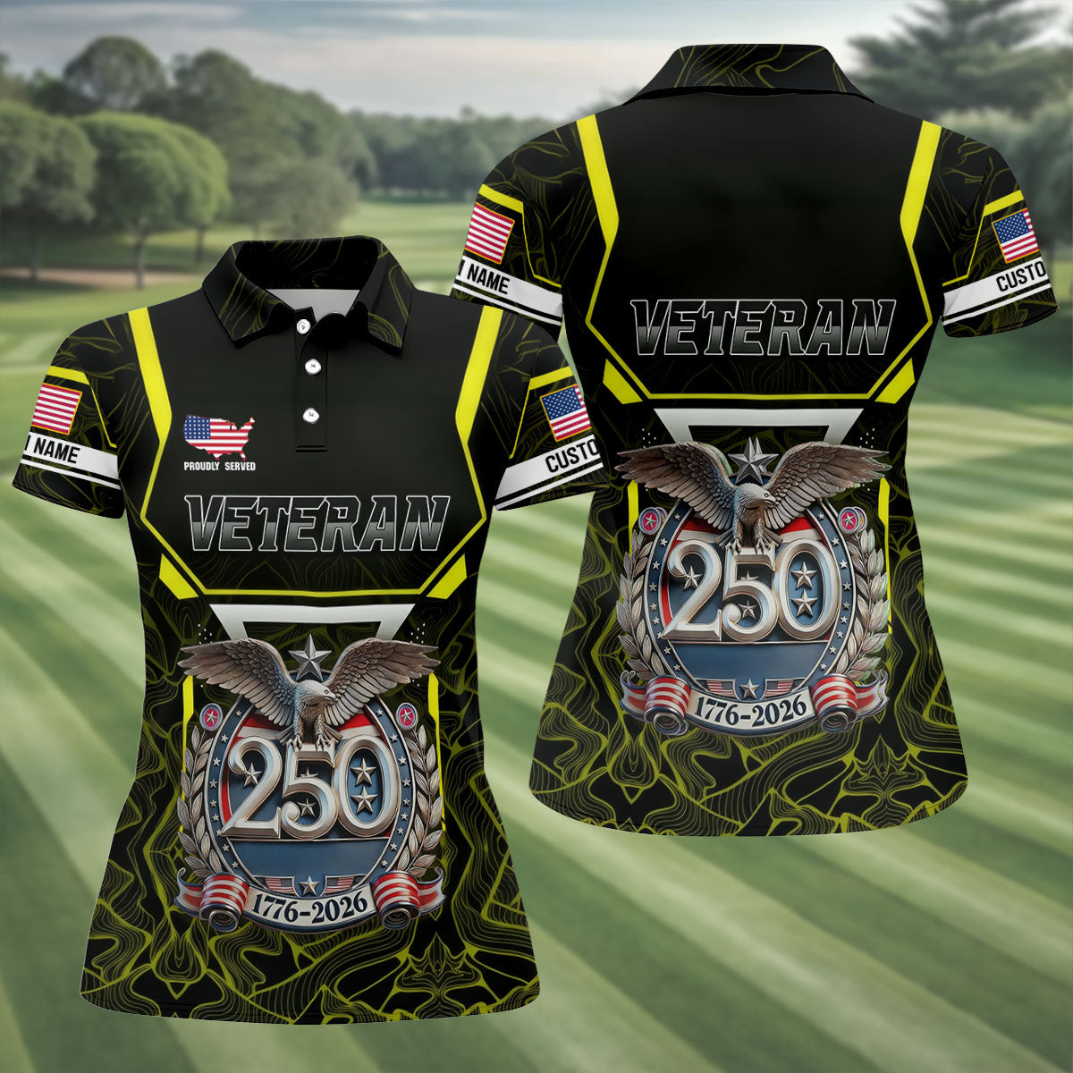 Personalized Veteran America 250 Polo Shirt Yellow Accent, Golf Shirts For Women, Women’s Golf Apparel