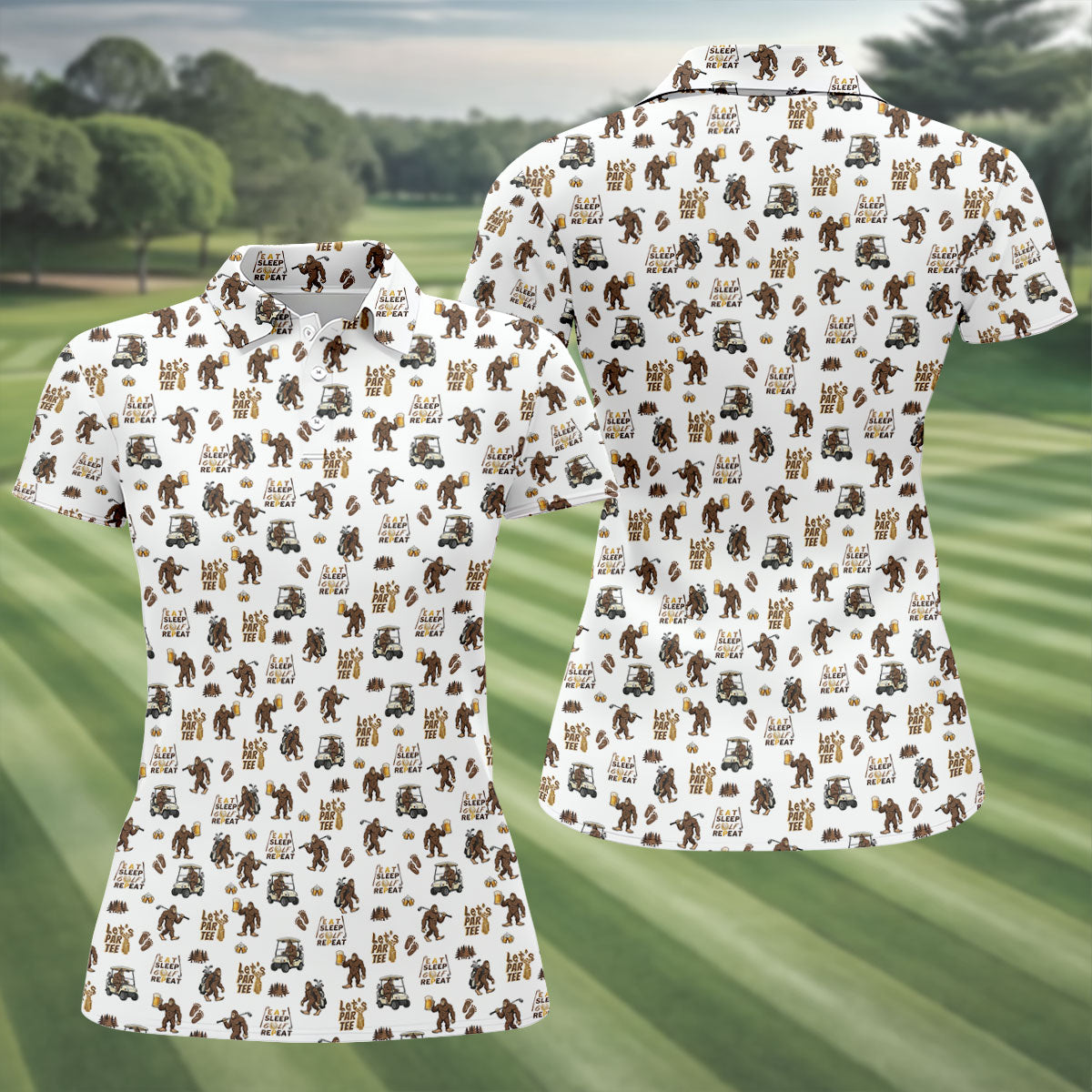 Let's Par Tee Bigfoot Golf Pattern Women's Golf Tops, Golf Shirts For Women, Women’s Golf Apparel